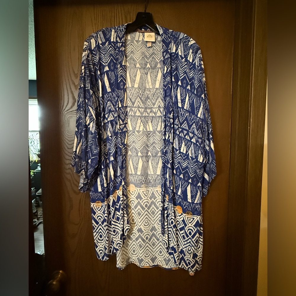Knox Rose XL/XXL Blue/White/Orange Tribal Print Kimono